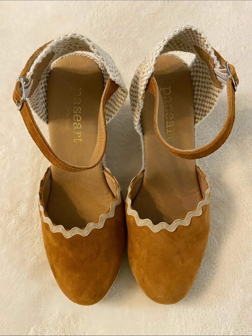 Paseart Camel Suede Wedge Heel Ankle Strap Euro Summer Espadrilles 7